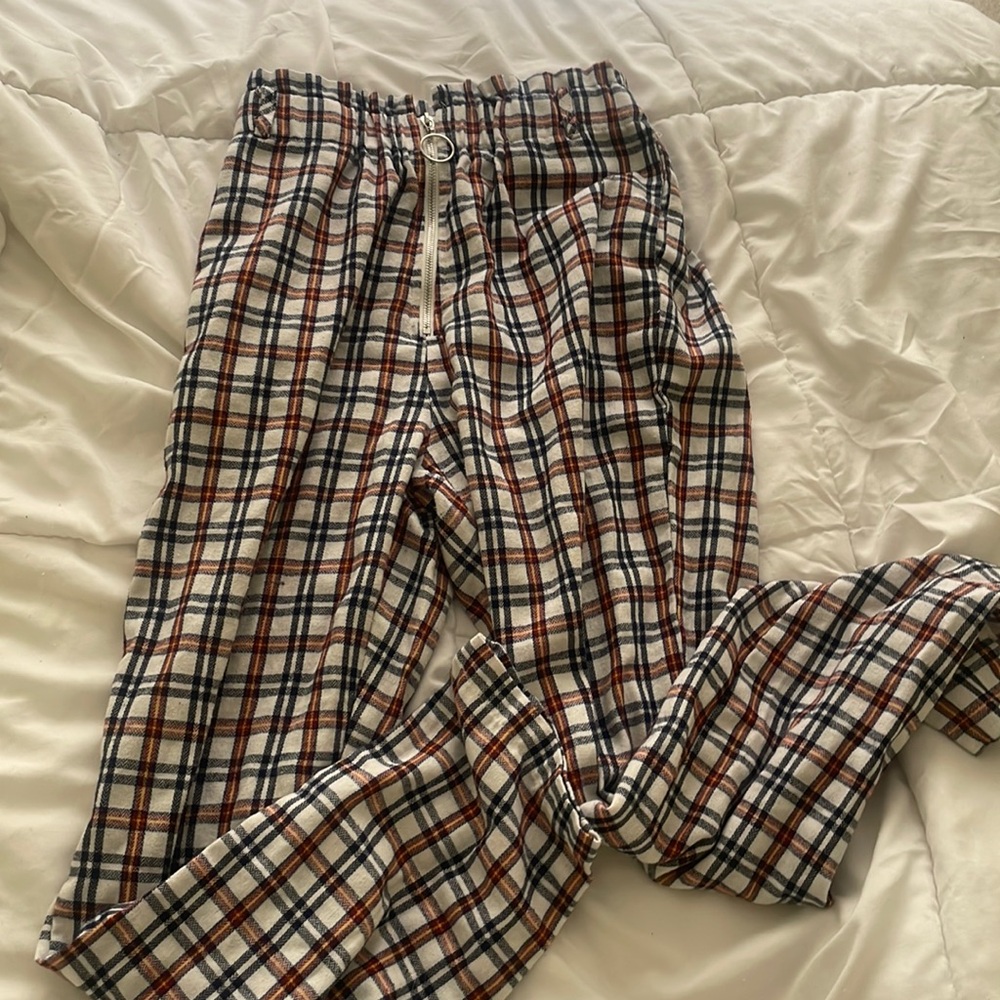 SHEIN grid/flannel zip-up pants